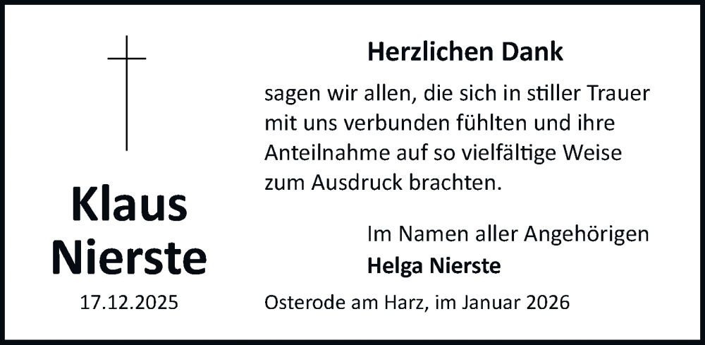  Traueranzeige für Klaus Nierste vom 31.01.2026 aus Harz Kurier