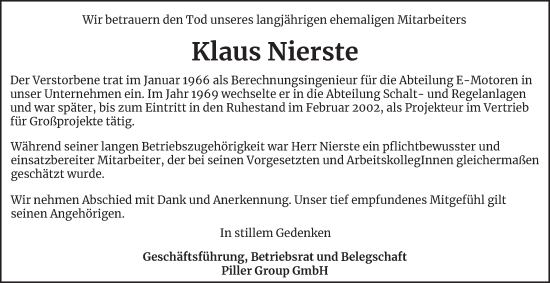 Traueranzeige von Klaus Nierste von Harz Kurier