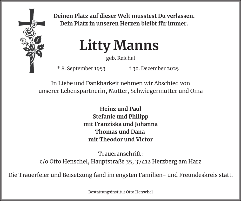  Traueranzeige für Litty Manns vom 17.01.2026 aus Harz Kurier