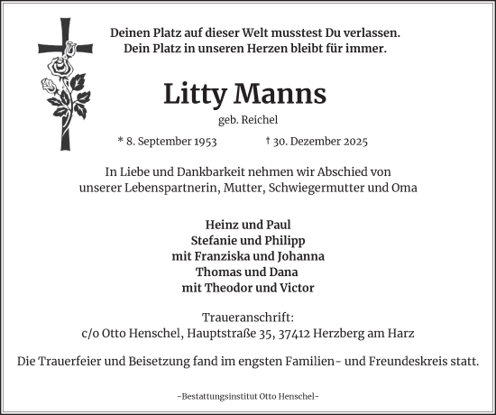 Traueranzeige von Litty Manns von Harz Kurier