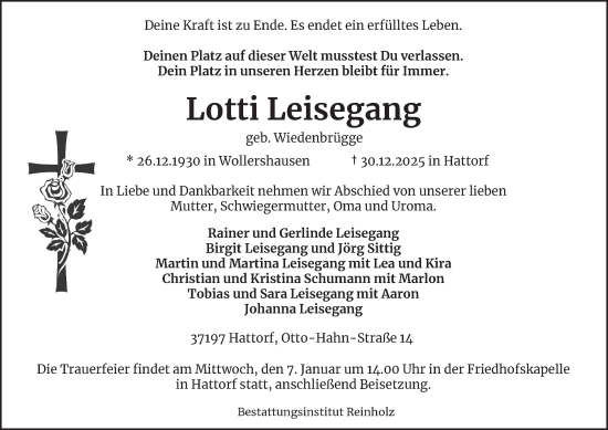 Traueranzeige von Lotti Leisegang von Harz Kurier