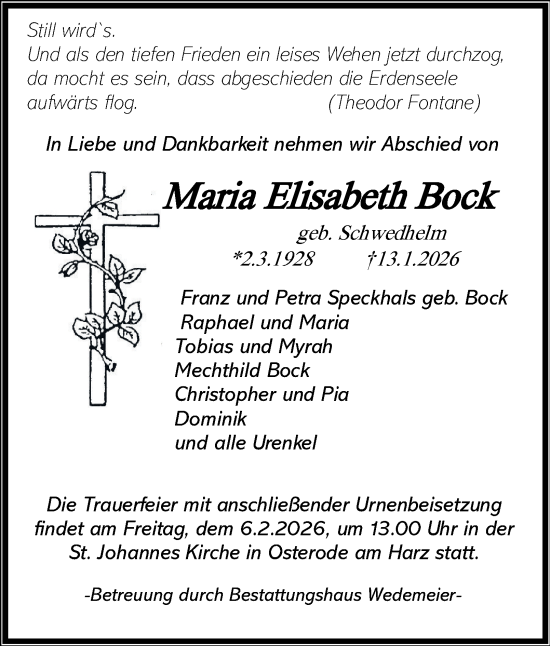 Traueranzeige von Maria Elisabeth Bock von Harz Kurier