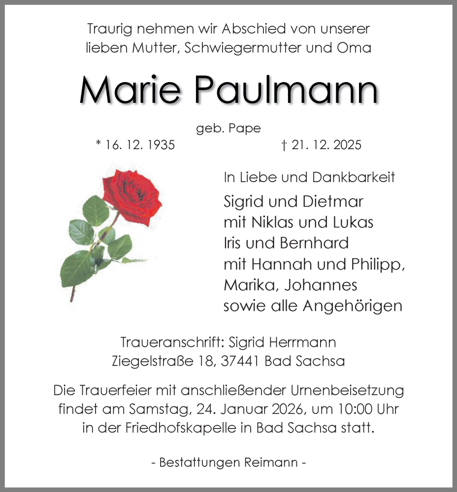  Traueranzeige für Marie Paulmann vom 10.01.2026 aus Harz Kurier