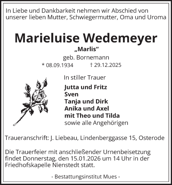 Traueranzeige von Marieluise Wedemeyer von Harz Kurier