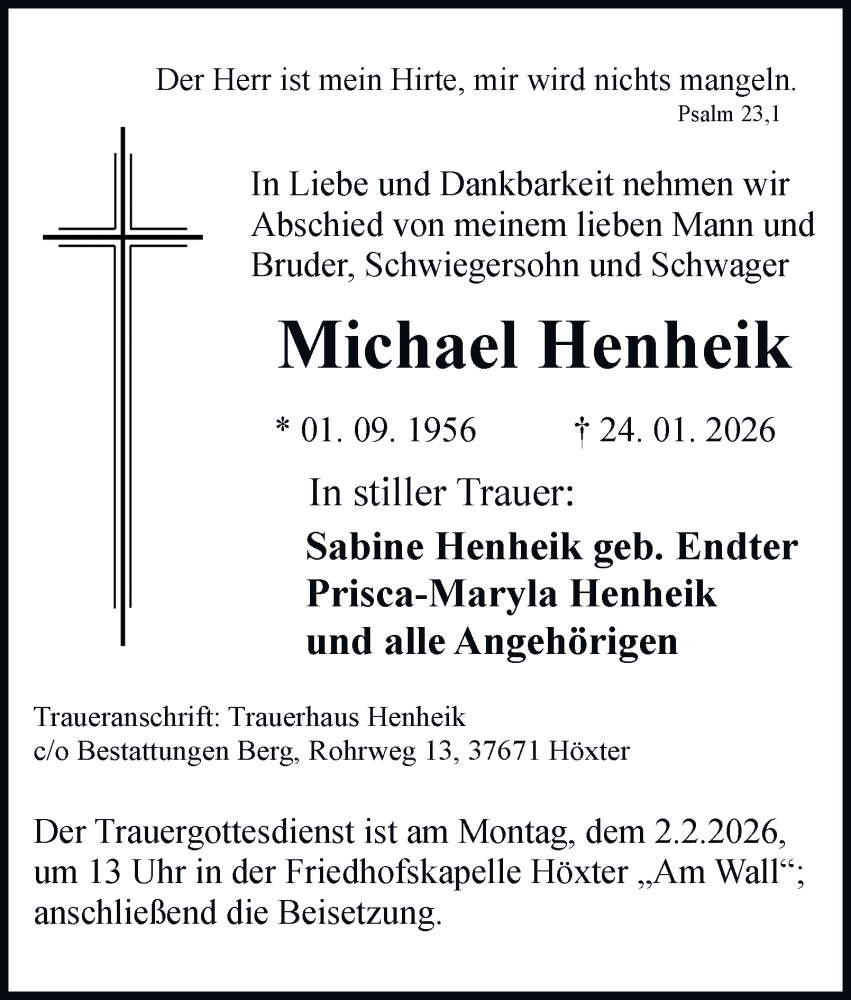  Traueranzeige für Michael Henheik vom 31.01.2026 aus Harz Kurier