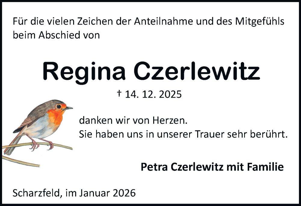  Traueranzeige für Regina Czerlewitz vom 03.01.2026 aus Harz Kurier