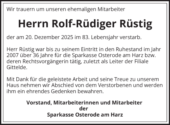 Traueranzeige von Rolf-Rüdiger Rüstig von Harz Kurier