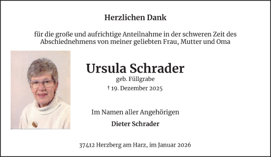 Traueranzeige von Ursula Schrader von Harz Kurier