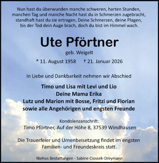 Traueranzeige von Ute Pförtner von Harz Kurier