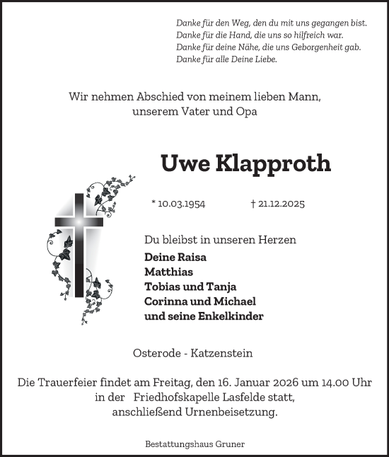 Traueranzeige von Uwe Klapproth von Harz Kurier