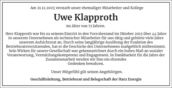 Traueranzeige von Uwe Klapproth von Harz Kurier