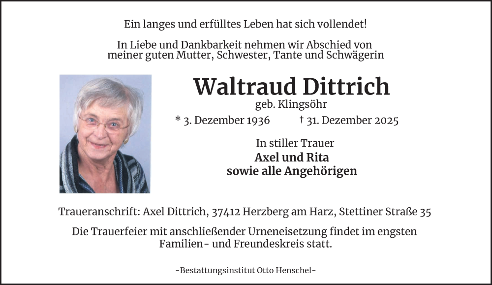  Traueranzeige für Waltraud Dittrich vom 10.01.2026 aus Harz Kurier