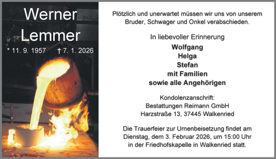 Traueranzeige von Werner Lemmer von Harz Kurier