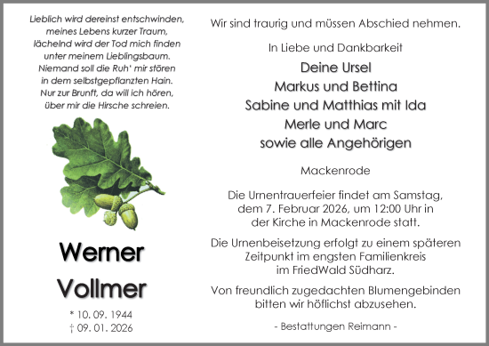 Traueranzeige von Werner Vollmer von Harz Kurier