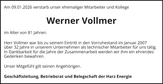 Traueranzeige von Werner Vollmer von Harz Kurier