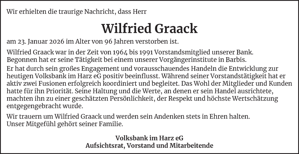  Traueranzeige für Wilfried Graack vom 31.01.2026 aus Harz Kurier