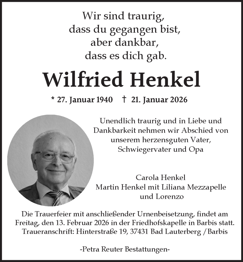  Traueranzeige für Wilfried Henkel vom 31.01.2026 aus Harz Kurier