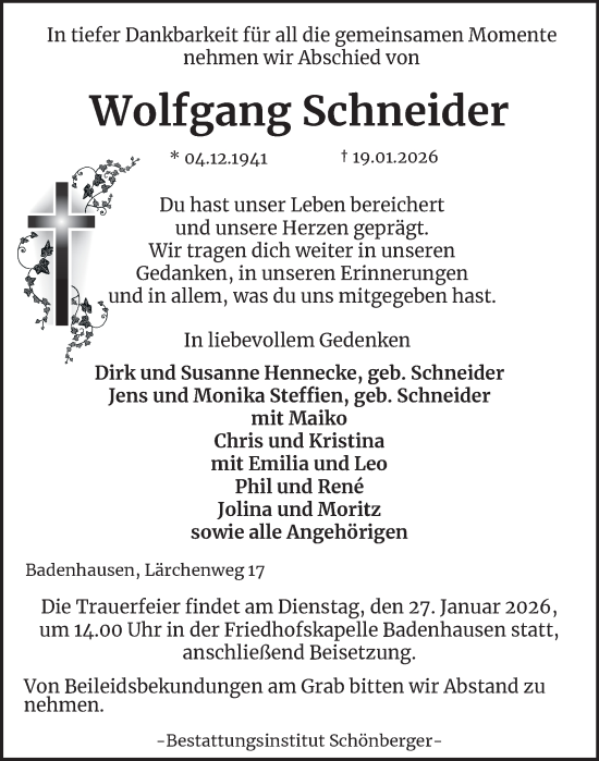 Traueranzeige von Wolfgang Schneider von Harz Kurier