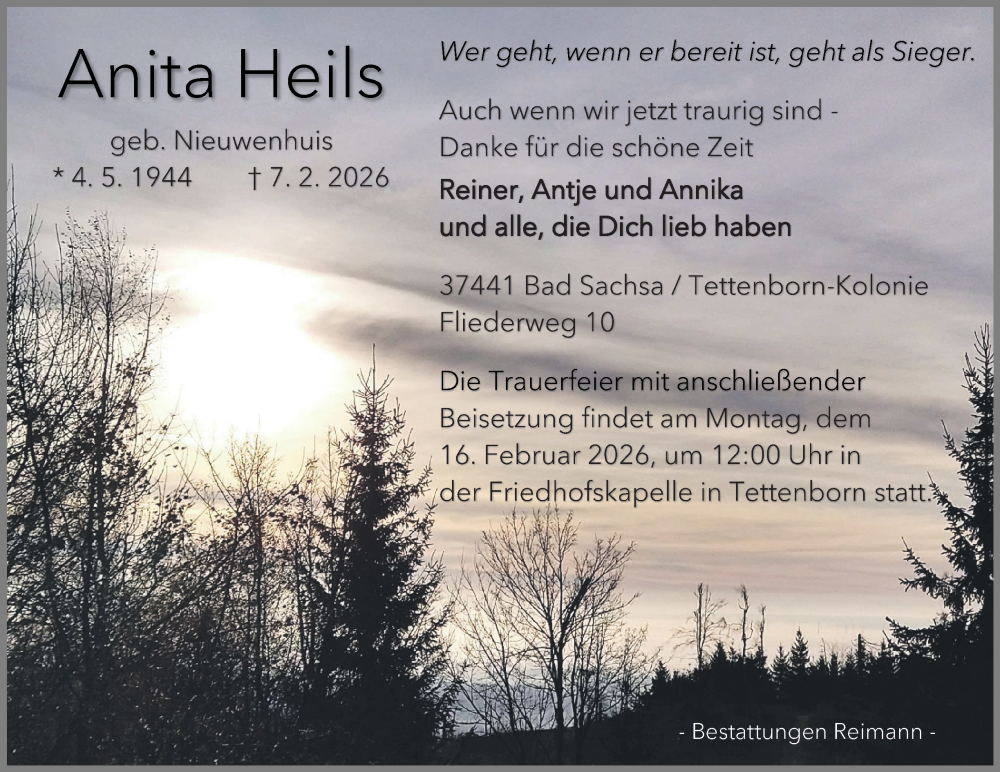  Traueranzeige für Anita Heils vom 14.02.2026 aus Harz Kurier