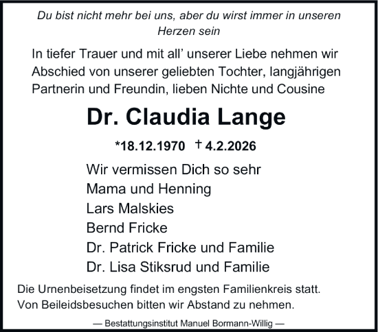Traueranzeige von Claudia Lange von Harz Kurier