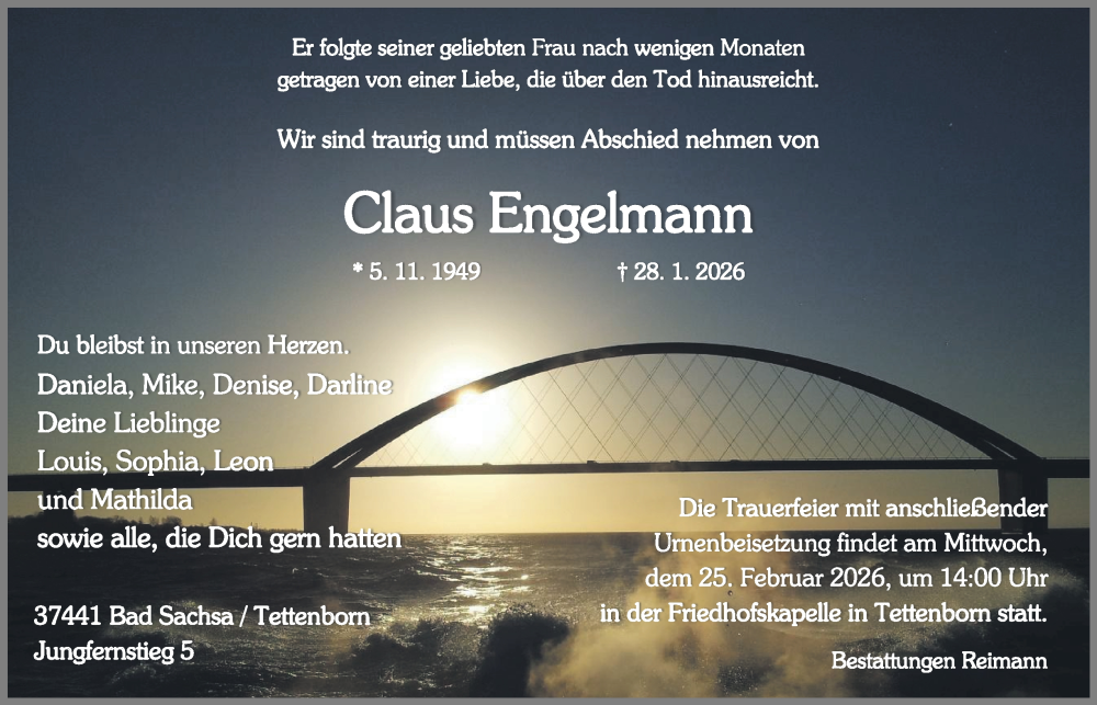  Traueranzeige für Claus Engelmann vom 07.02.2026 aus Harz Kurier