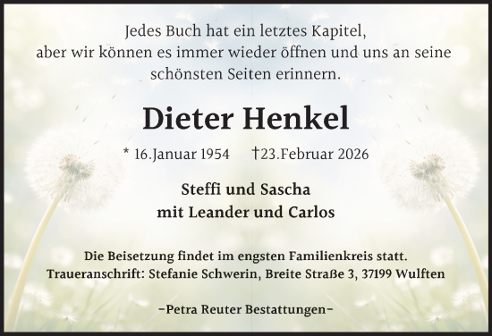 Traueranzeige von Dieter Henkel von Harz Kurier