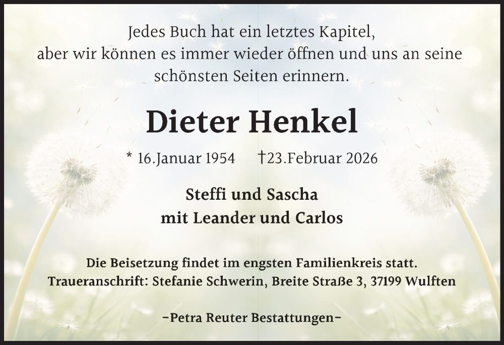  Traueranzeige für Dieter Henkel vom 28.02.2026 aus Harz Kurier