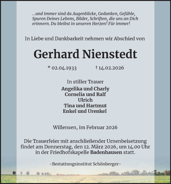 Traueranzeige von Gerhard Nienstedt von Harz Kurier