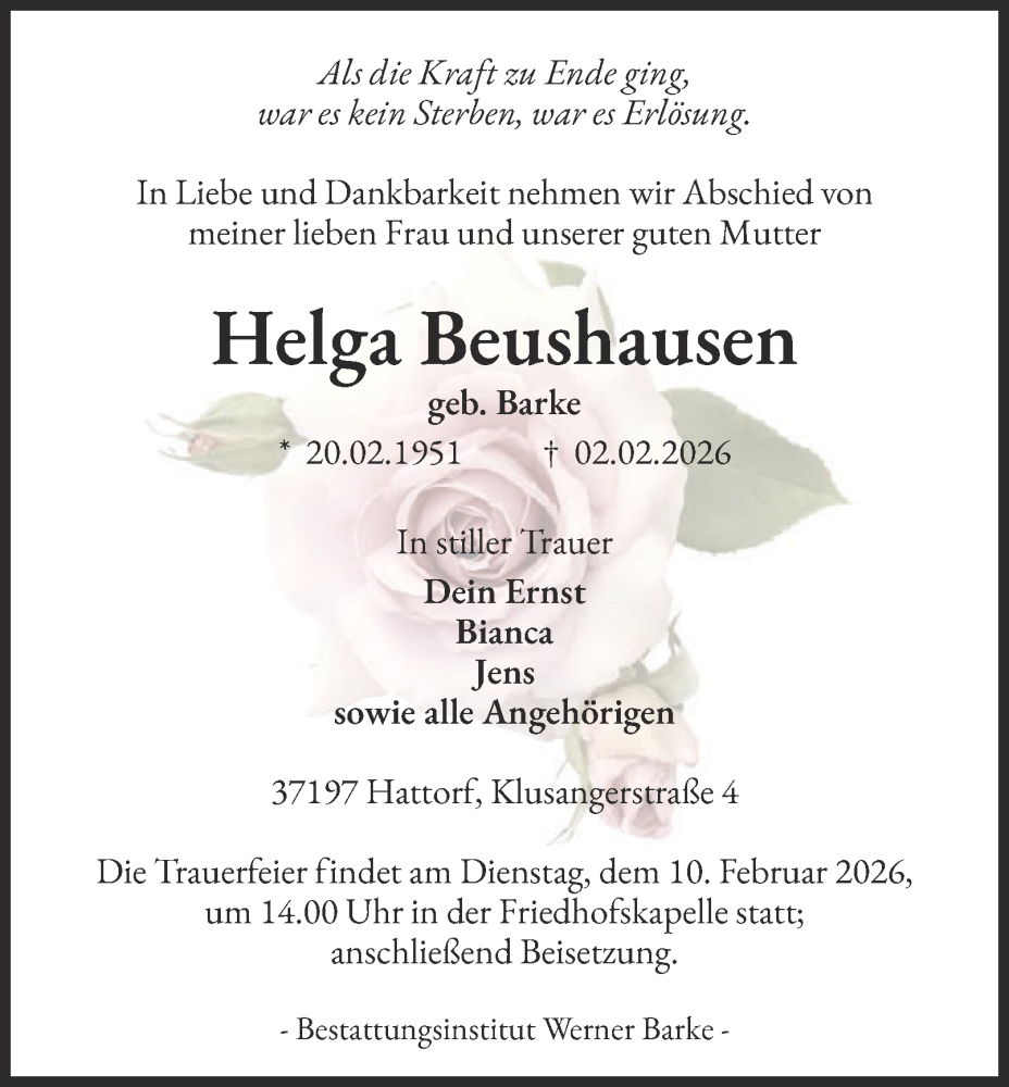  Traueranzeige für Helga Beushausen vom 07.02.2026 aus Harz Kurier
