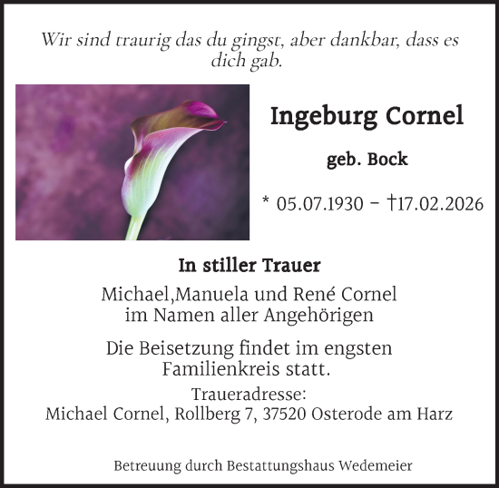 Traueranzeige von Ingeburg Cornel von Harz Kurier