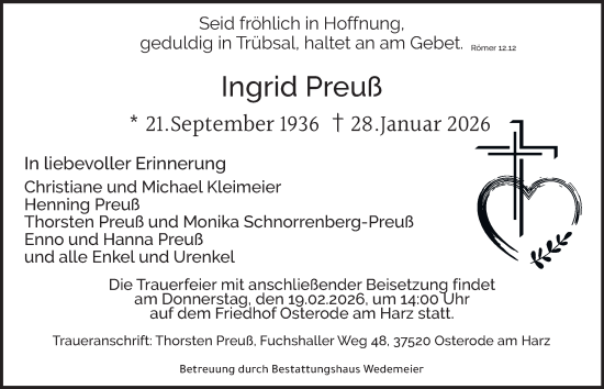 Traueranzeige von Ingrid Preuß von Harz Kurier