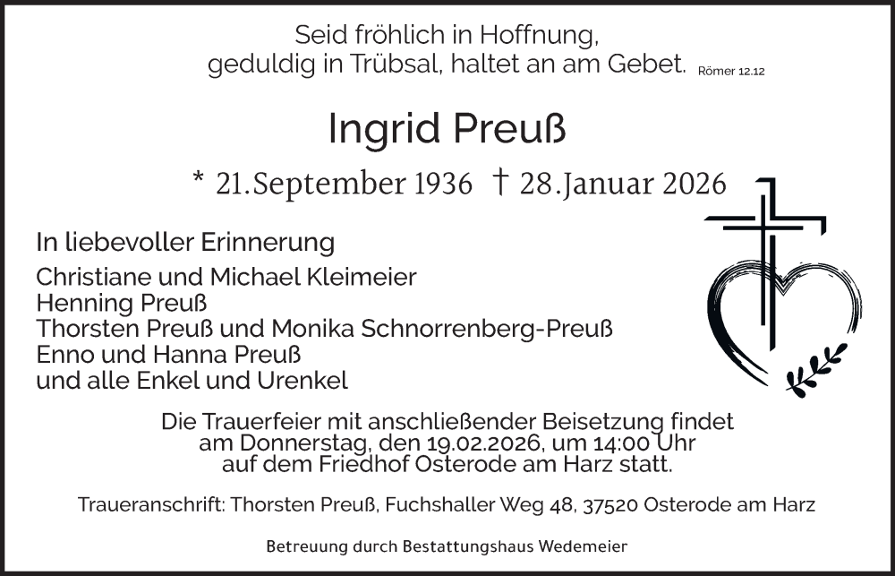  Traueranzeige für Ingrid Preuß vom 07.02.2026 aus Harz Kurier