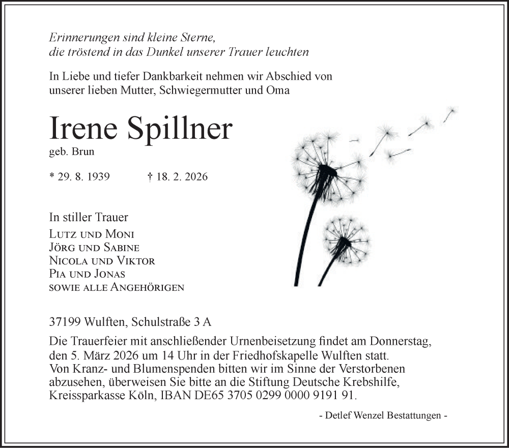  Traueranzeige für Irene Spillner vom 28.02.2026 aus Harz Kurier