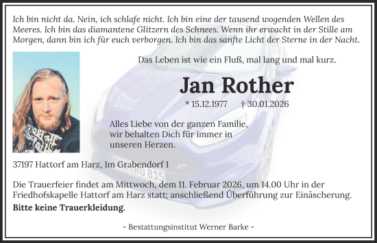 Traueranzeige von Jan Rother von Harz Kurier
