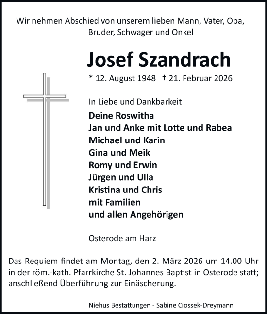 Traueranzeige von Josef Szandrach von Harz Kurier