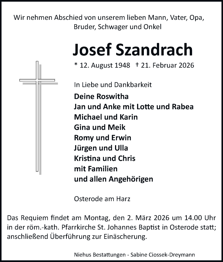  Traueranzeige für Josef Szandrach vom 28.02.2026 aus Harz Kurier