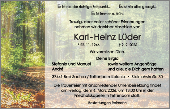 Traueranzeige von Karl -Heinz Lüder von Harz Kurier