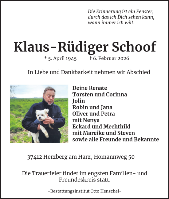 Traueranzeige von Klaus-Rüdiger Schoof von Harz Kurier