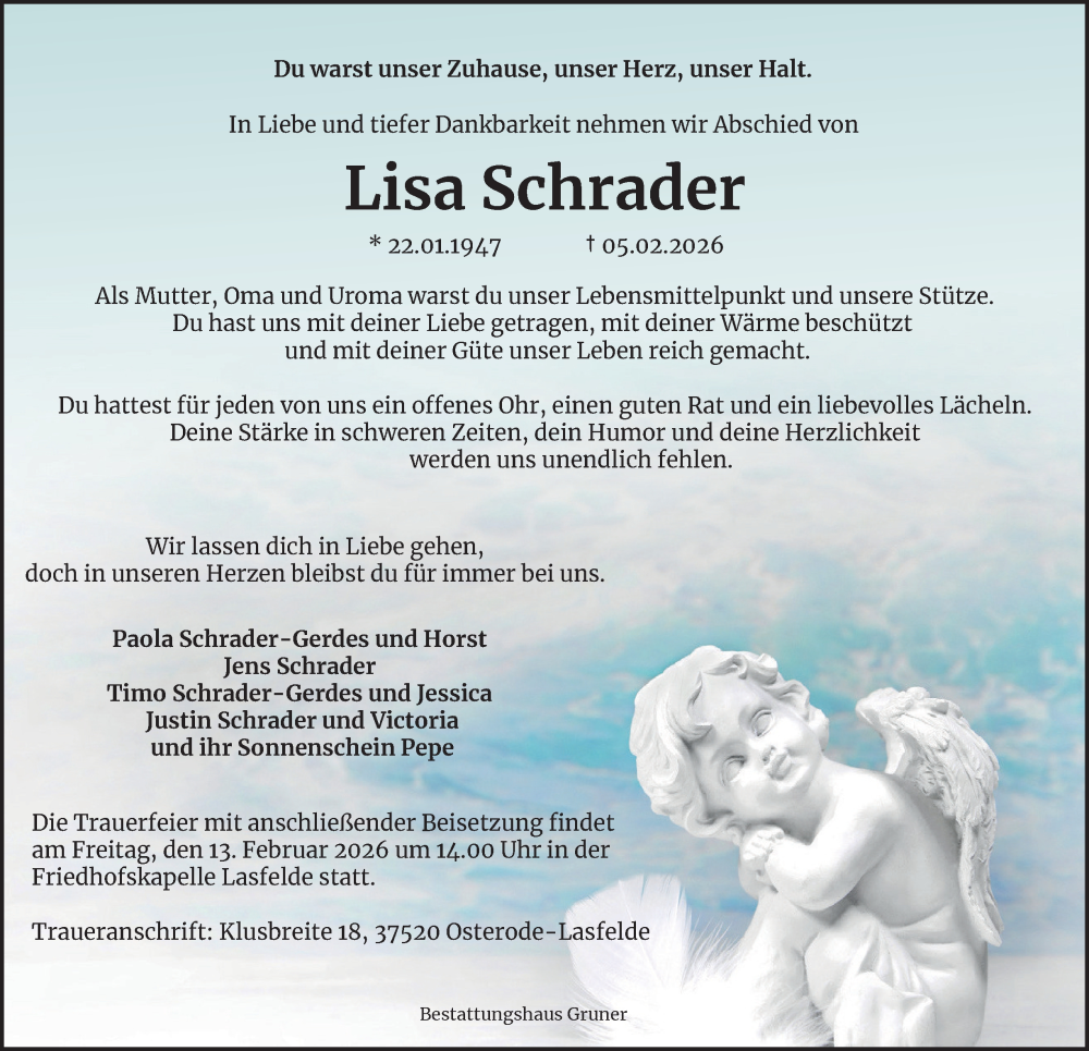  Traueranzeige für Lisa Schrader vom 07.02.2026 aus Harz Kurier