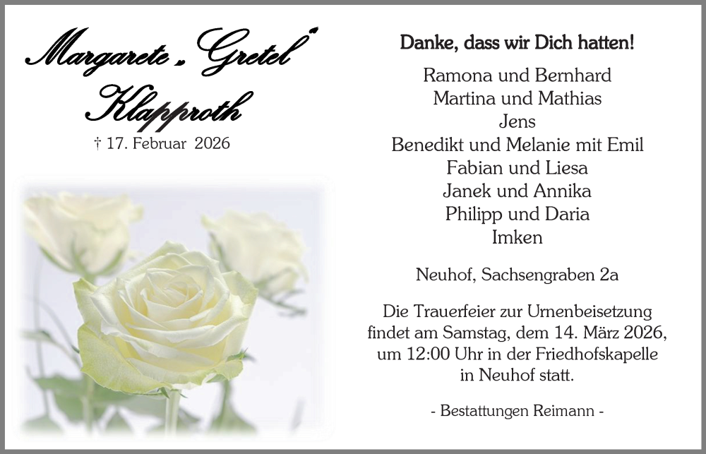  Traueranzeige für Margarete Klapproth vom 21.02.2026 aus Harz Kurier