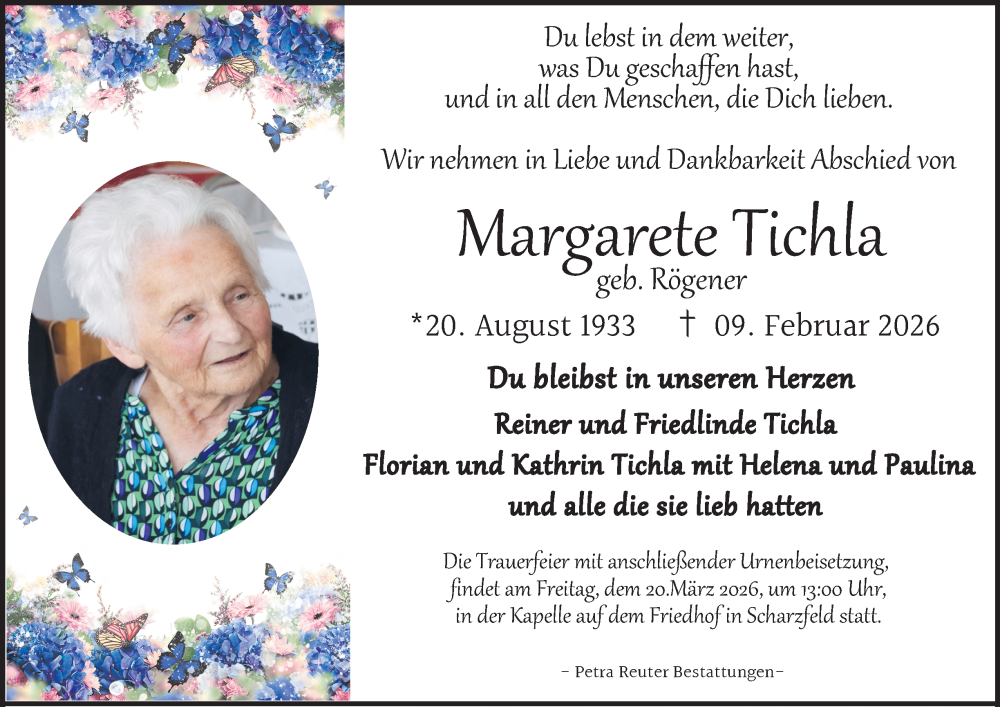 Traueranzeige für Margarete Tichla vom 14.02.2026 aus Harz Kurier