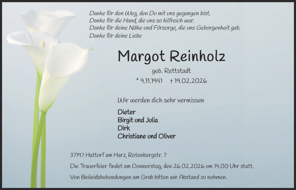  Traueranzeige für Margot Reinholz vom 23.02.2026 aus Harz Kurier