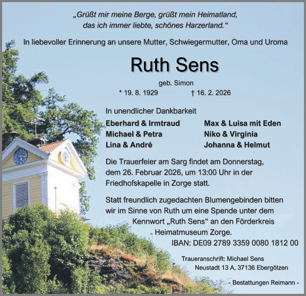 Traueranzeige für Ruth Sens vom 21.02.2026 aus Harz Kurier