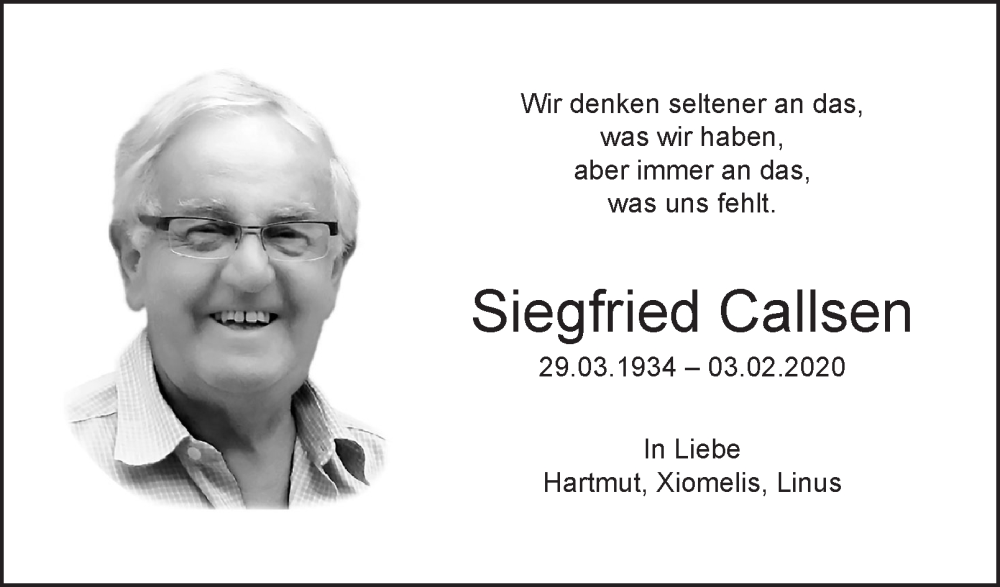  Traueranzeige für Siegfried Callsen vom 03.02.2026 aus Harz Kurier