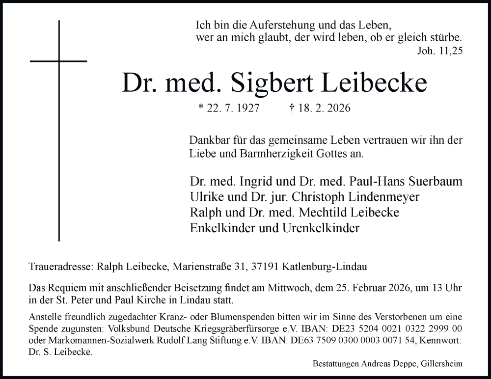  Traueranzeige für Sigbert Leibecke vom 24.02.2026 aus Harz Kurier