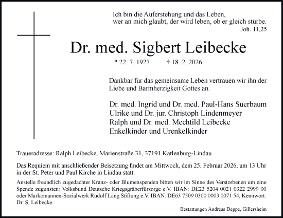 Traueranzeige von Sigbert Leibecke von Harz Kurier