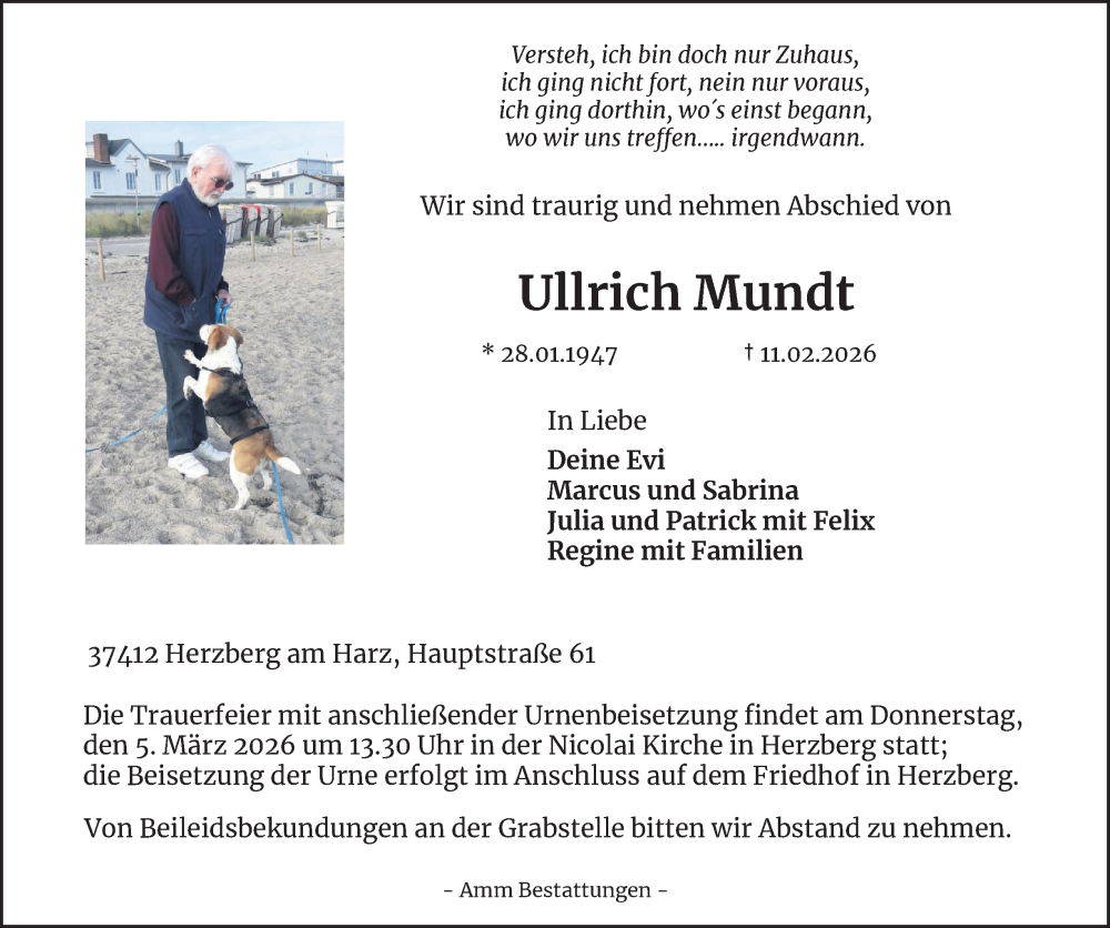  Traueranzeige für Ullrich Mundt vom 19.02.2026 aus Harz Kurier
