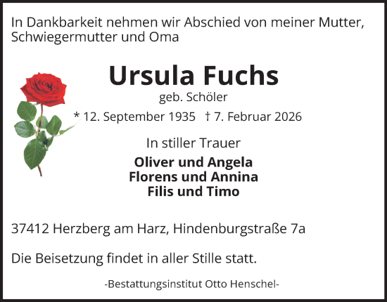 Traueranzeige von Ursula Fuchs von Harz Kurier