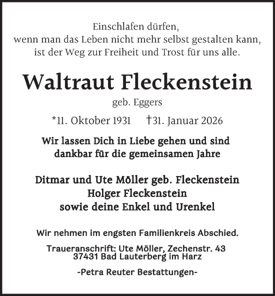 Traueranzeige von Waltraut Fleckenstein von Harz Kurier