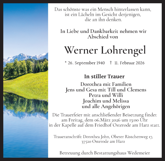 Traueranzeige von Werner Lohrengel von Harz Kurier
